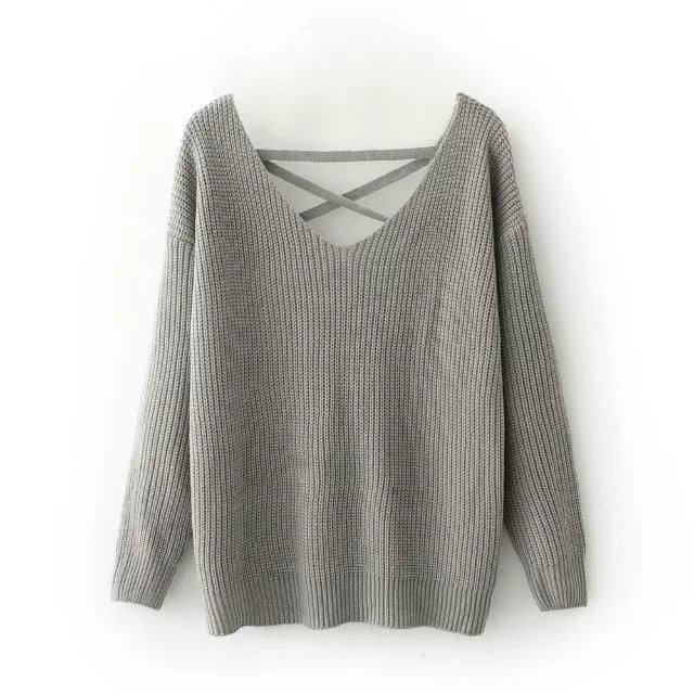 Damen Strickpullover mit tiefem V-Ausschnitt und dekorativem Rückendesign Drune