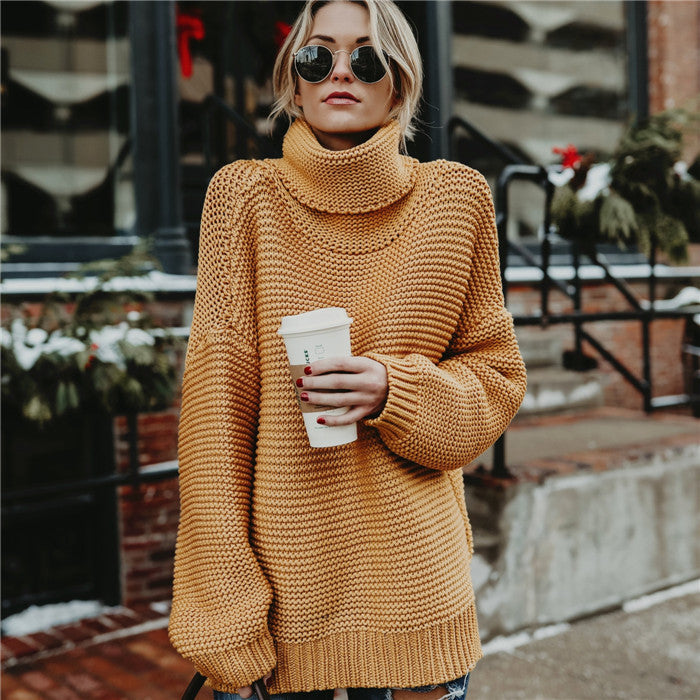 Damen Oversized Strickpullover mit hohem Kragen Drune