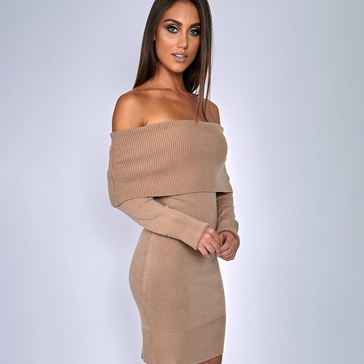 Damen Off-Shoulder Strickkleid mit langen Ärmeln Drune