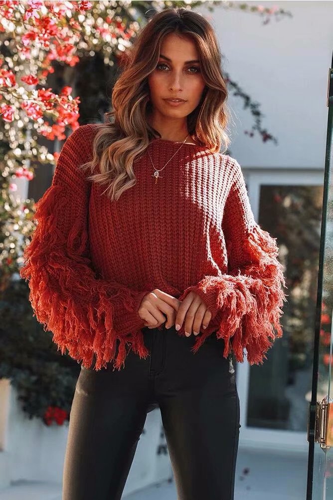 Damen Grobstrickpullover mit modischen Fransenärmeln Drune