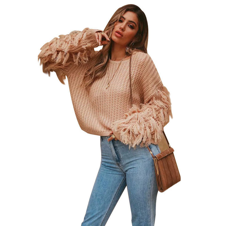 Damen Strickpullover mit fransigen Ärmeln und einzigartigem Strukturdesign Drune