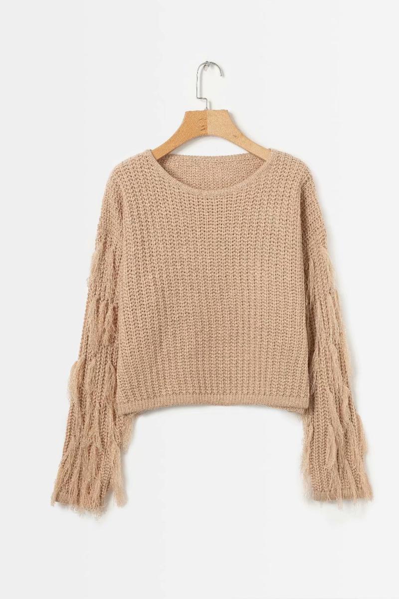 Damen trendiger Strickpullover mit ausgefallenen Fransenärmeln Drune