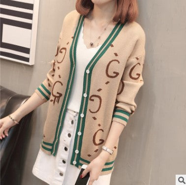 Damen Strickjacke mit tiefem V-Ausschnitt und bunten grafischen Mustern Drune