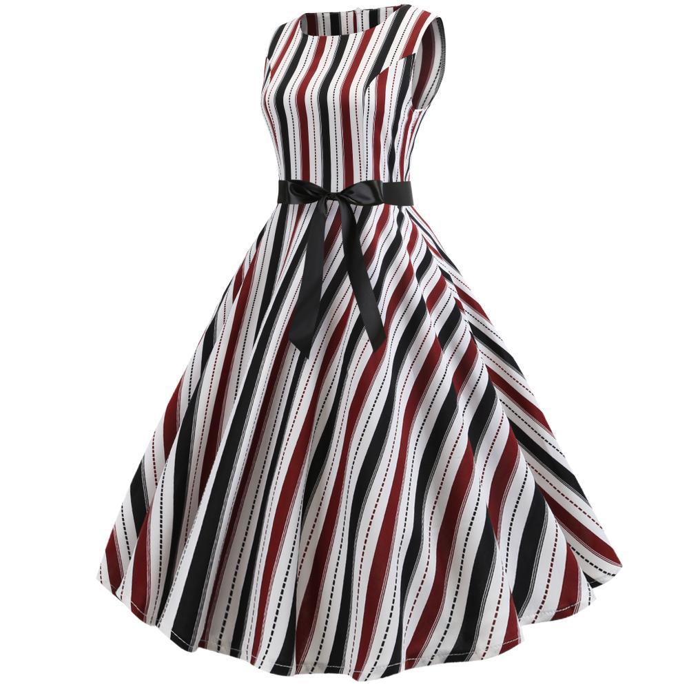 Damen A-Linien Kleid mit Streifenmuster und Taillengürtel Drune