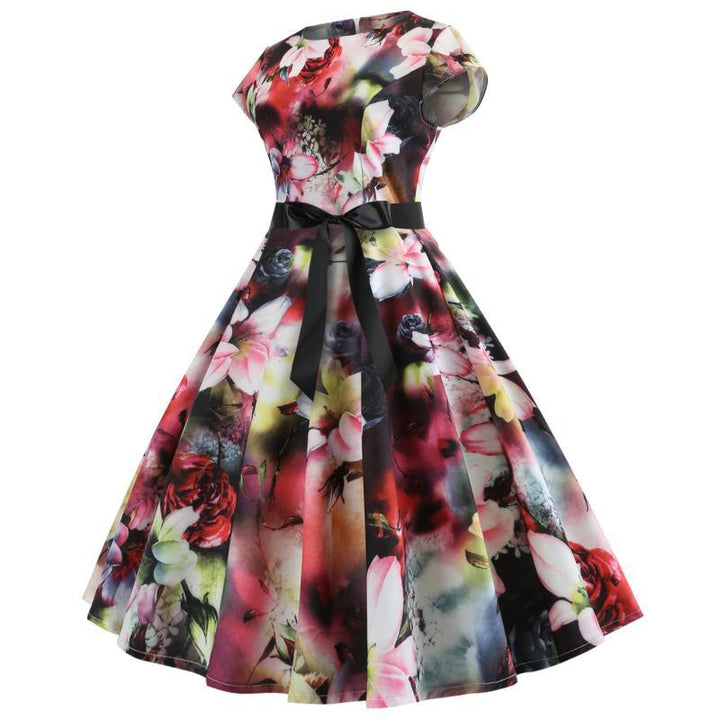 Damen Blumendesign A-Linien Kleid mit schwarzem Taillengürtel Drune