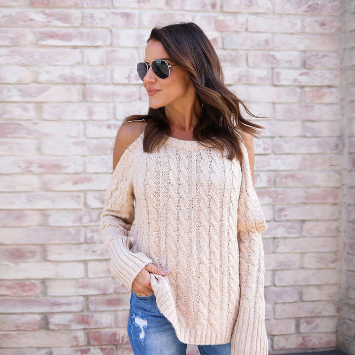Damen Strickpullover mit off-shoulder Design und detaillierter Zopfstruktur Drune