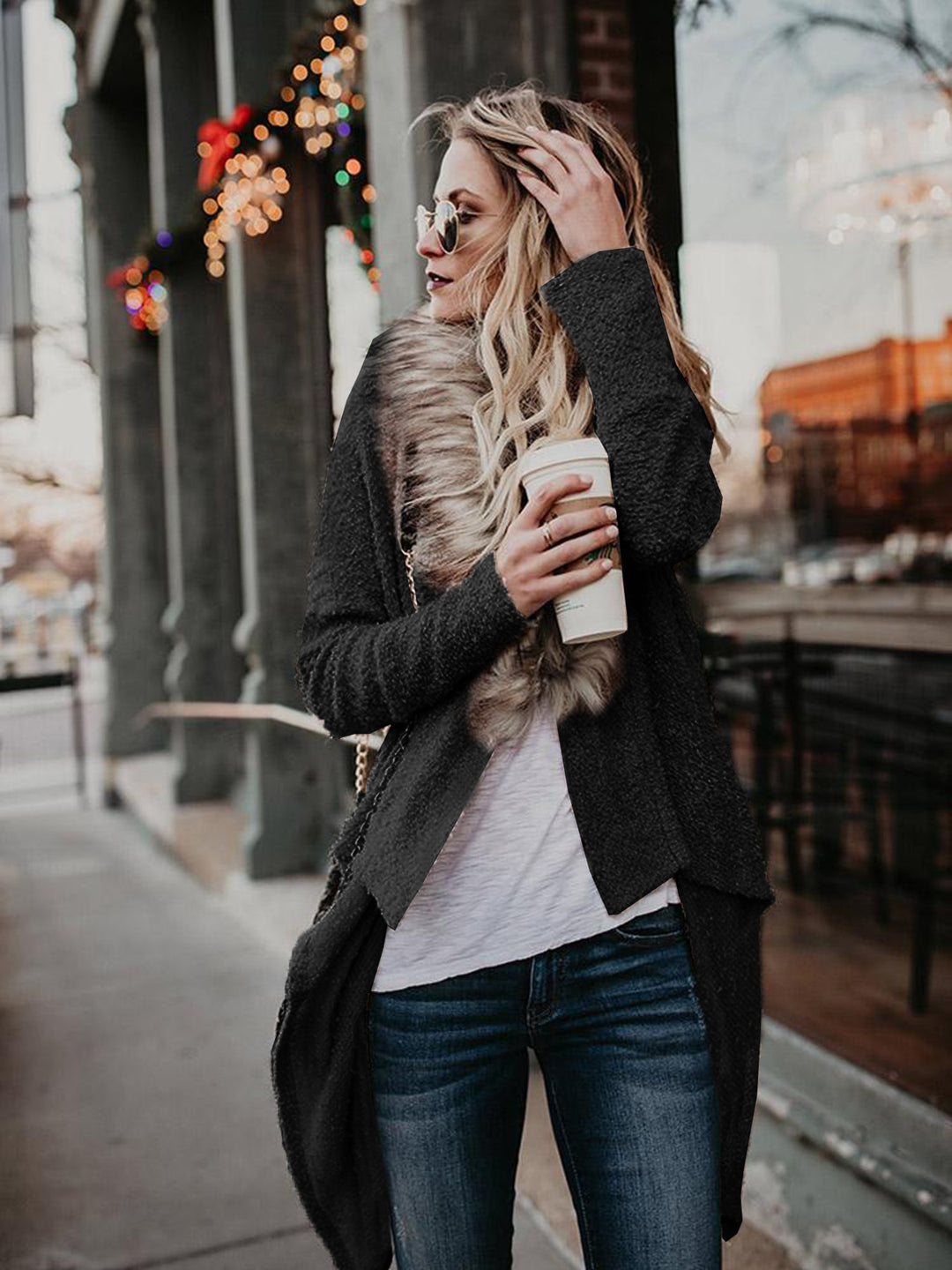 Damen weiche Strickjacke mit luxuriösem Kunstfellkragen und asymmetrischem Schnitt Drune