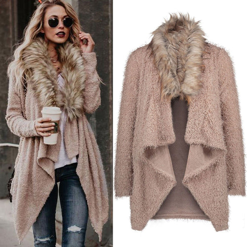 Damen weiche Strickjacke mit luxuriösem Kunstfellkragen und asymmetrischem Schnitt Drune