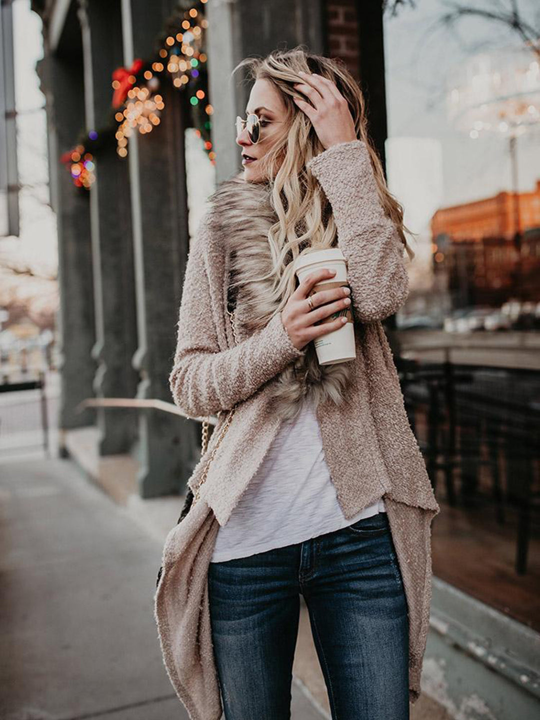 Damen weiche Strickjacke mit luxuriösem Kunstfellkragen und asymmetrischem Schnitt Drune