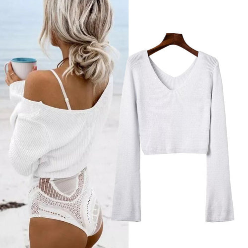 Damen eleganter croppter Pullover mit tiefem Ausschnitt und figurbetonendem Rock Drune