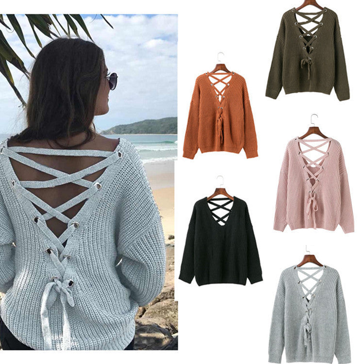 Damen Strickpullover mit verziertem V-Ausschnitt und Kordelzug Drune