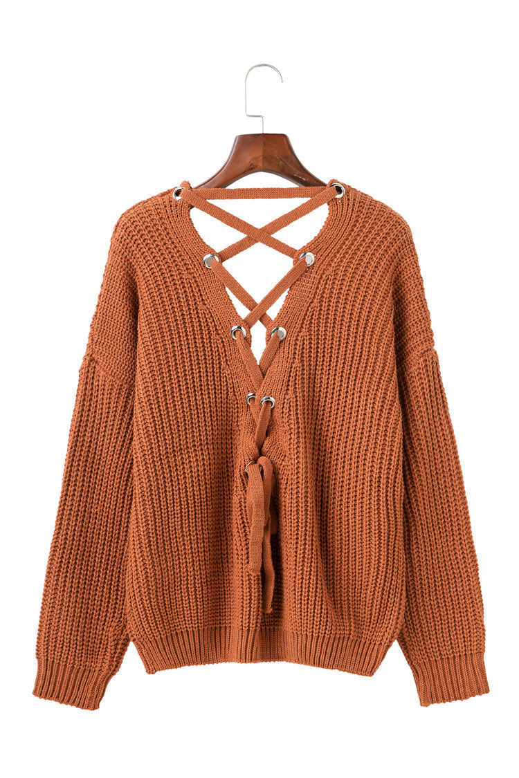 Damen Strickpullover mit verziertem V-Ausschnitt und Kordelzug Drune