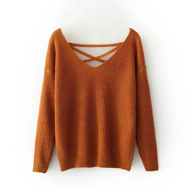 Damen Strickpullover mit tiefem V-Ausschnitt und dekorativem Rückendesign Drune