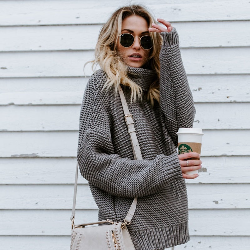 Damen Oversized Strickpullover mit hohem Kragen Drune