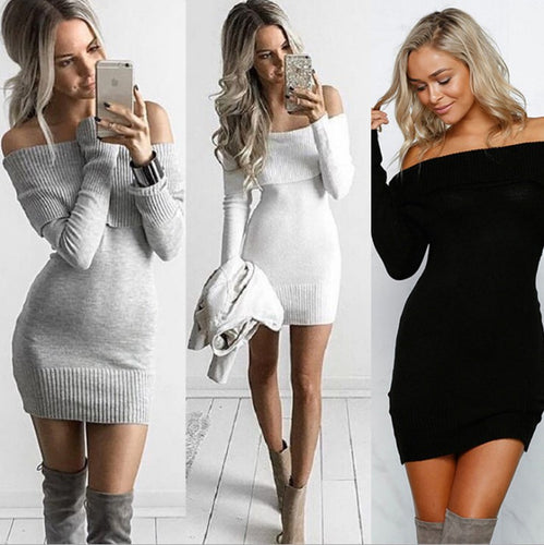 Damen Strickkleid mit Off-Shoulder-Design und dekorativem Kordelzug Drune