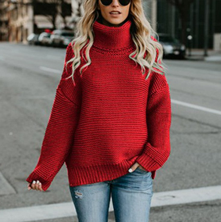 Damen Grobstrickpullover mit hohem Kragen und modischen Details Drune