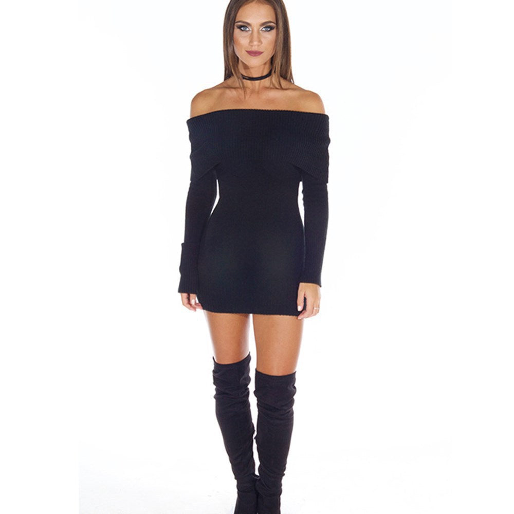 Damen Off-Shoulder Strickkleid mit langen Ärmeln Drune