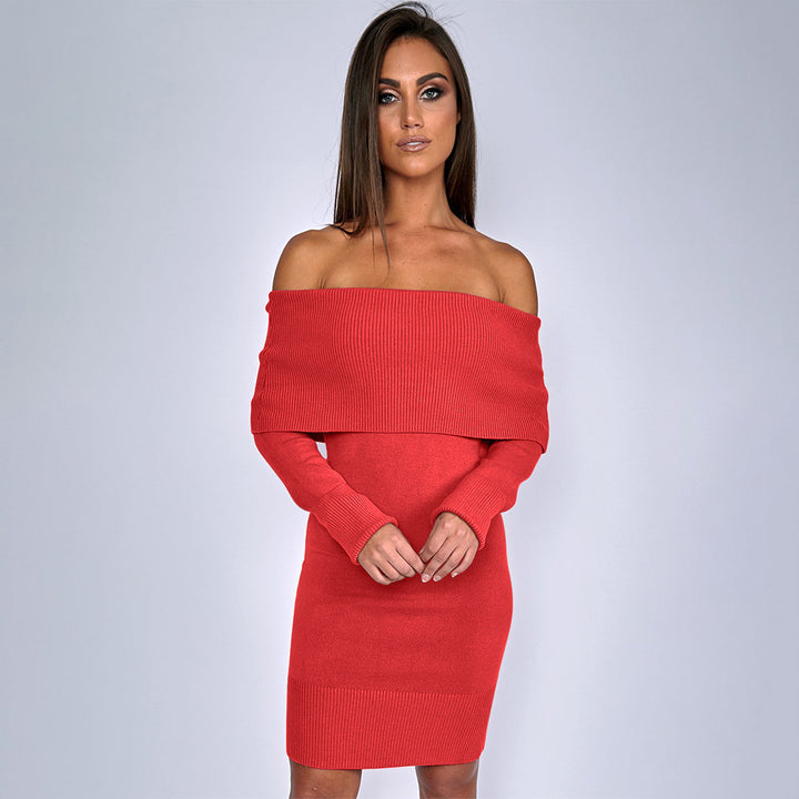 Damen Strickkleid mit Off-Shoulder Design und dekorativem Kordelzug Drune