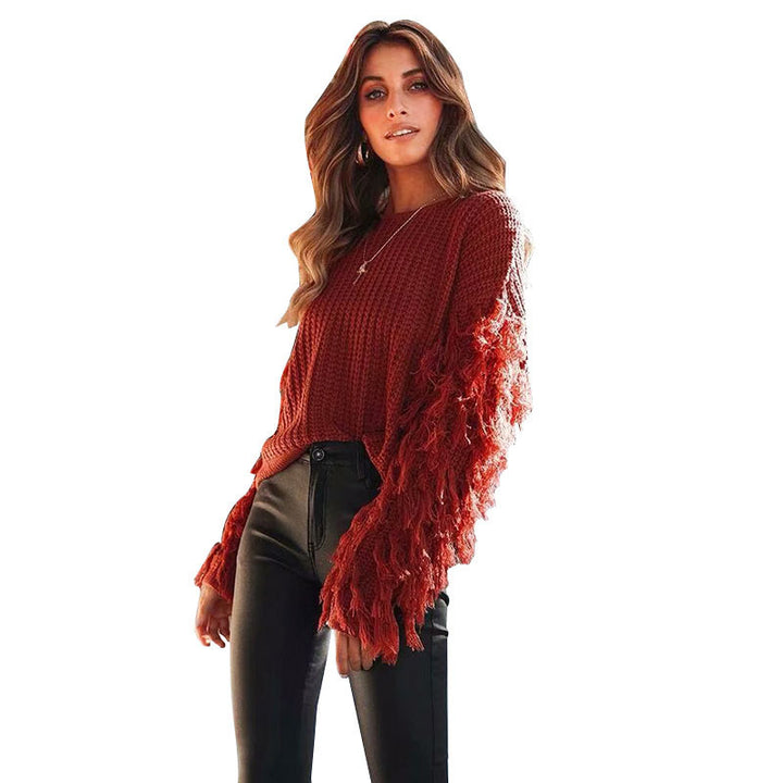 Damen Strickpullover mit fransigen Ärmeln und einzigartigem Strukturdesign Drune