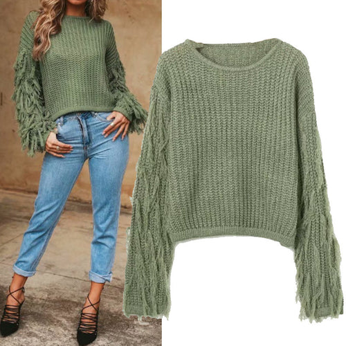 Damen trendiger Strickpullover mit ausgefallenen Fransenärmeln Drune