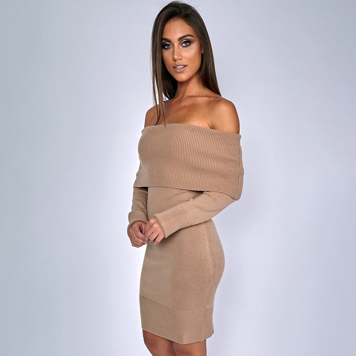 Damen Strickkleid mit Off-Shoulder Design und dekorativem Kordelzug Drune
