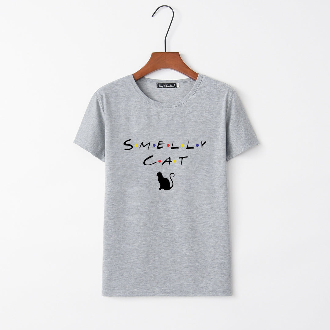 Damen T-Shirt mit kreativem Katzenmotiv und rundem Ausschnitt Drune