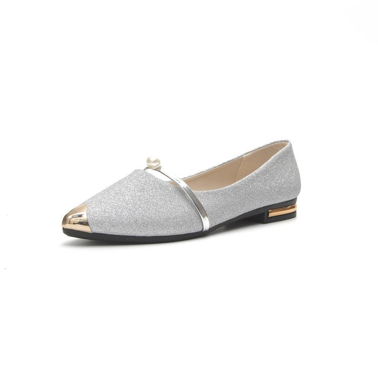 Damen nan elegante Glitzer-Slipper mit spitzer Metallkappe, perlenbesetztem Spannriemen und flachem Absatz Drune