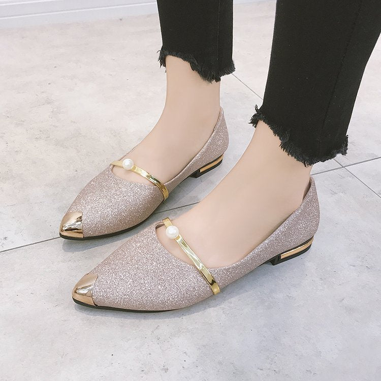 Damen nan elegante Glitzer-Slipper mit spitzer Metallkappe, perlenbesetztem Spannriemen und flachem Absatz Drune