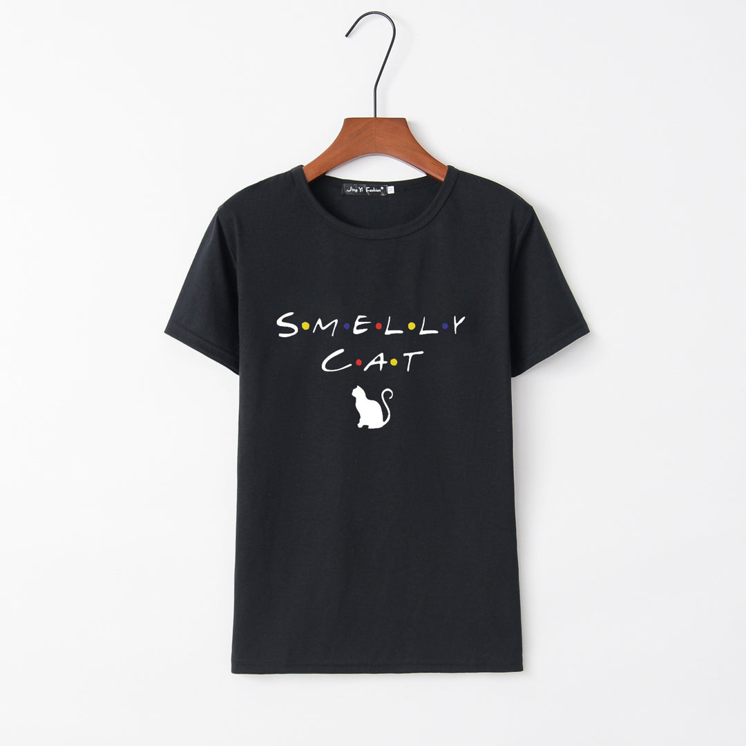 Damen T-Shirt mit kreativem Katzenmotiv und rundem Ausschnitt Drune