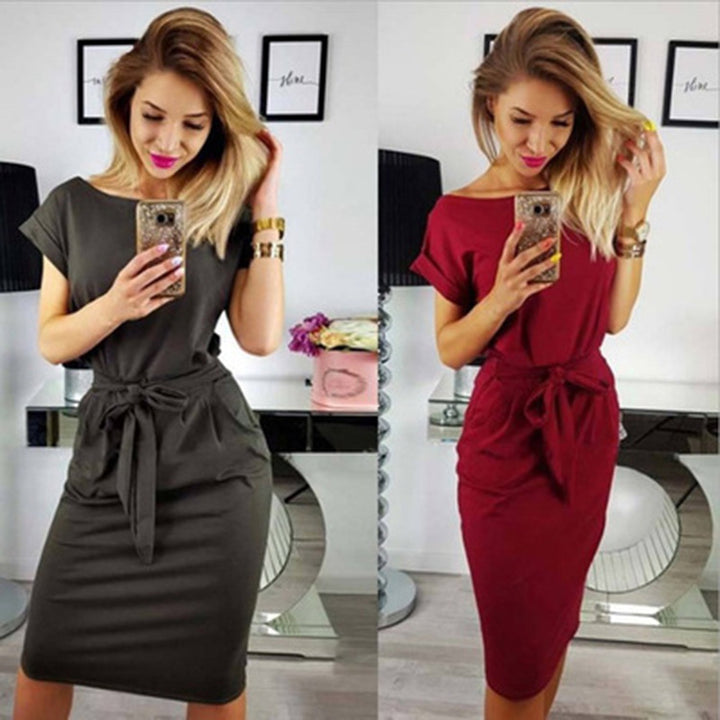 Damen Midi-Kleid mit Taillengürtel und kurzen Ärmeln Drune