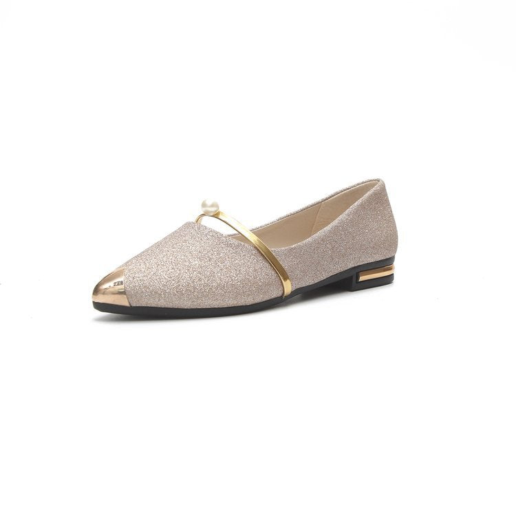 Damen nan elegante Glitzer-Slipper mit spitzer Metallkappe, perlenbesetztem Spannriemen und flachem Absatz Drune