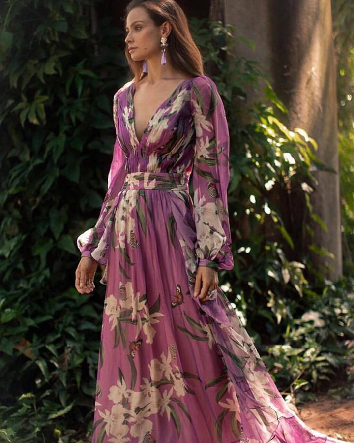 Drune | 3/4 Arm V-Ausschnitt Maxikleid für Eleganz