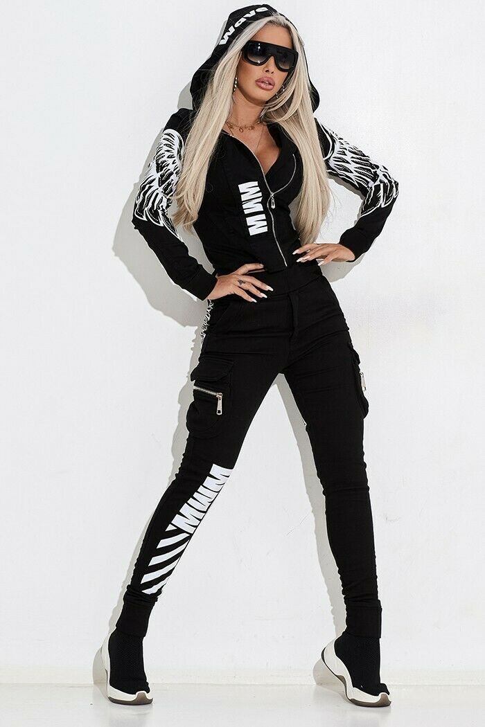 Damen nan stylisches zweiteiliges Kapuzen-Set mit tailliertem Reißverschluss-Hoodie und Cargo-Jogginghose Drune