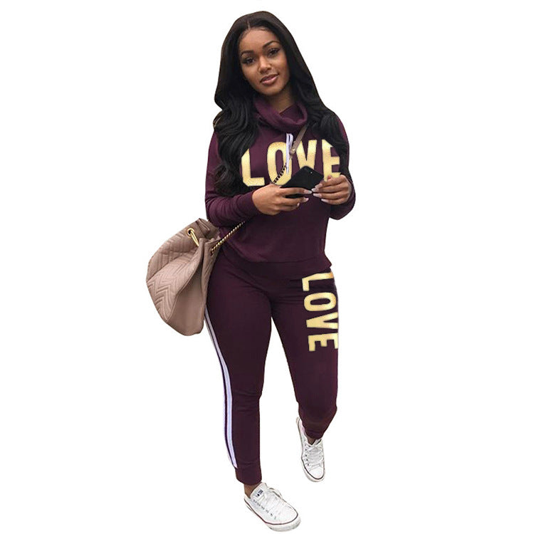 Damen nan sportives Kapuzen-Sweatshirt-Set mit Goldprint und Highwaist-Jogginghose Drune