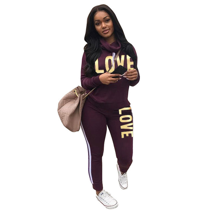 Damen nan sportives Kapuzen-Sweatshirt-Set mit Goldprint und Highwaist-Jogginghose Drune