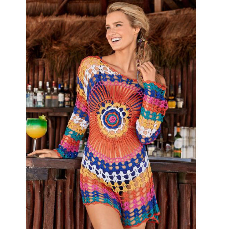 Damen Häkel-Strandüberwurf mit asymmetrischem Saum und buntem Muster Drune