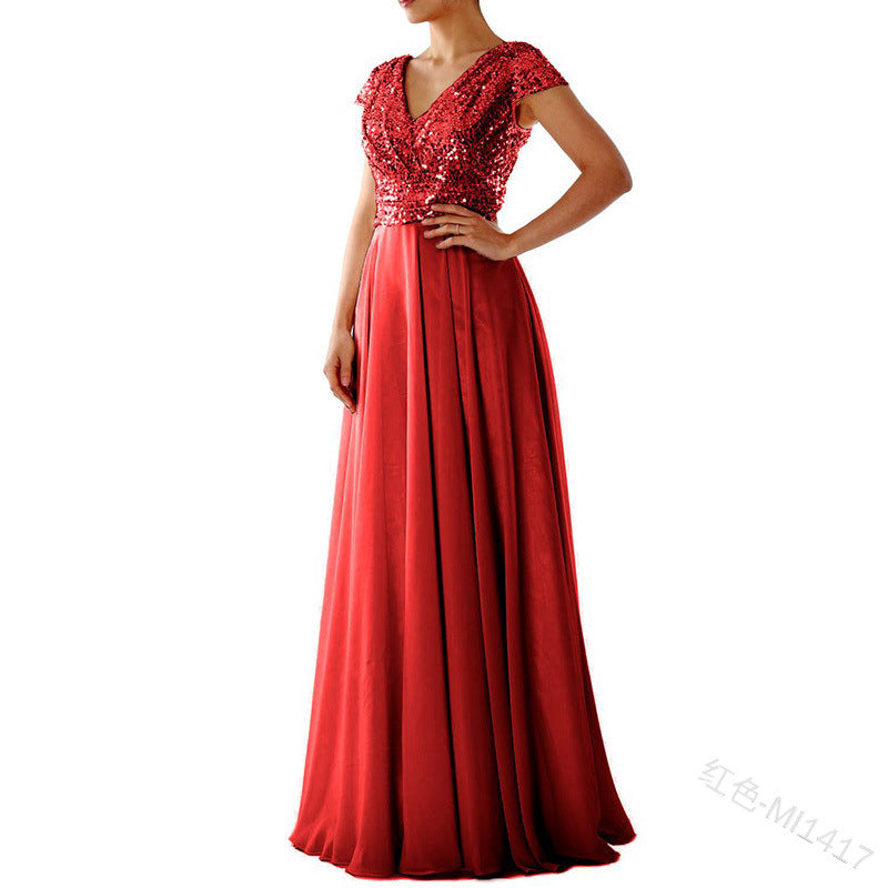 Drune | Damen Kurzarm Glitzer Maxi Kleid