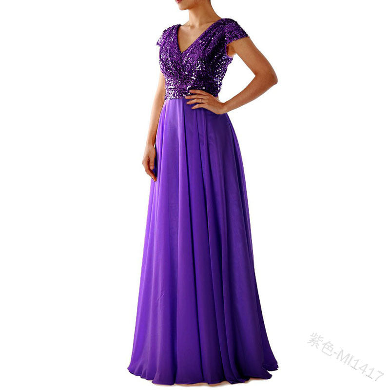 Drune | Damen Kurzarm Glitzer Maxi Kleid