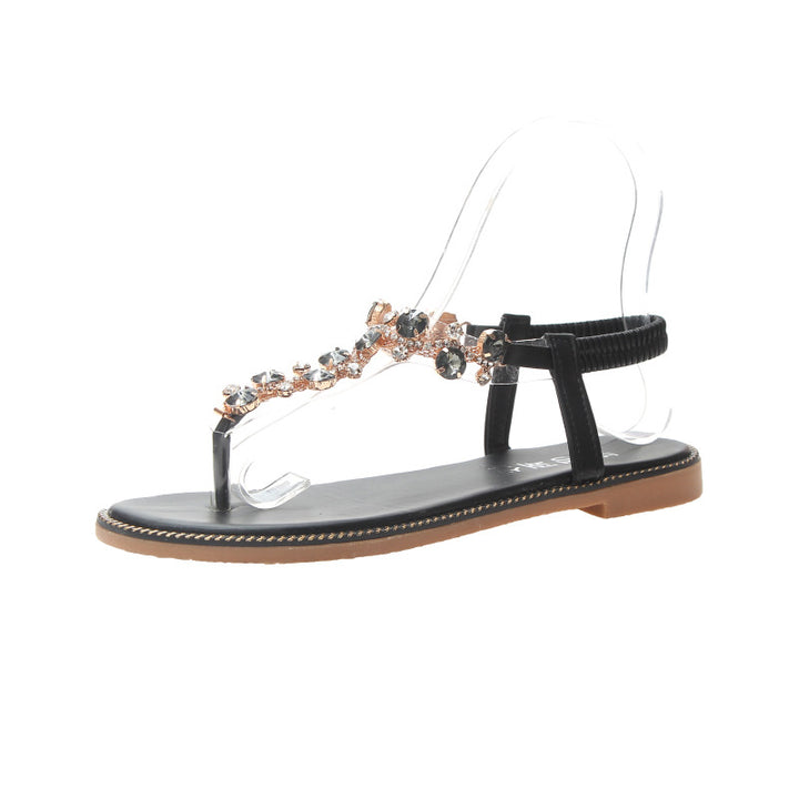 Damen nan flache T-Riemen-Sandalette mit funkelnder Schmuckkette, elastischem Fersenband und gepolstertem Fußbett Drune