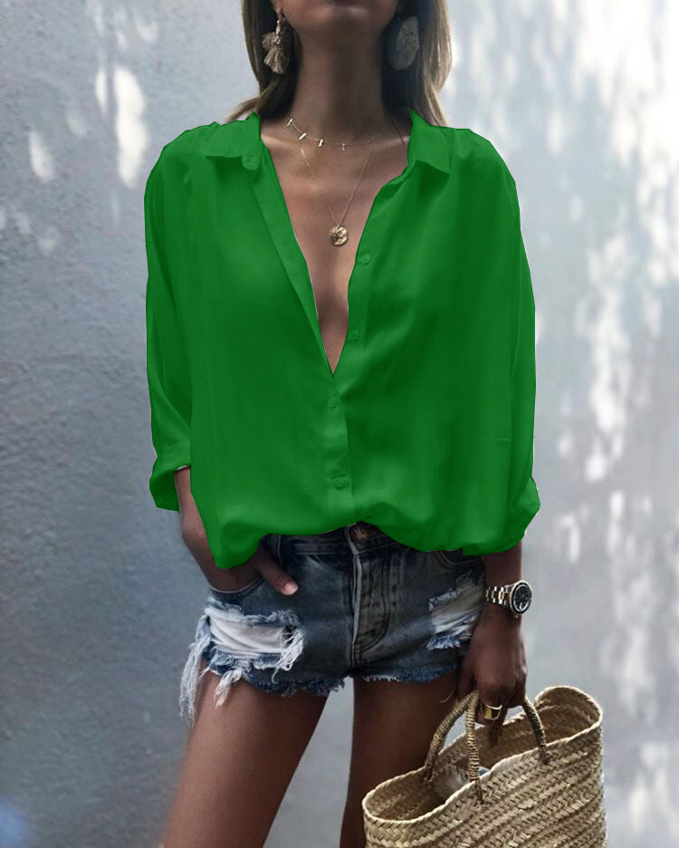 Damen lässige Chiffonbluse mit tiefem V-Ausschnitt und lockerer Passform Drune