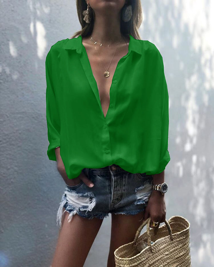Damen lässige Chiffonbluse mit tiefem V-Ausschnitt und lockerer Passform Drune
