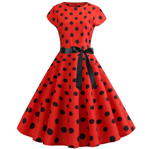 Damen Retro Swingkleid mit großen Punkten und schmalem Taillengürtel Drune