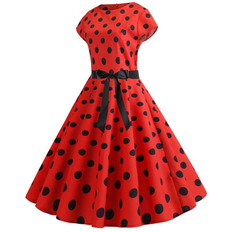 Damen Retro Swingkleid mit großen Punkten und schmalem Taillengürtel Drune