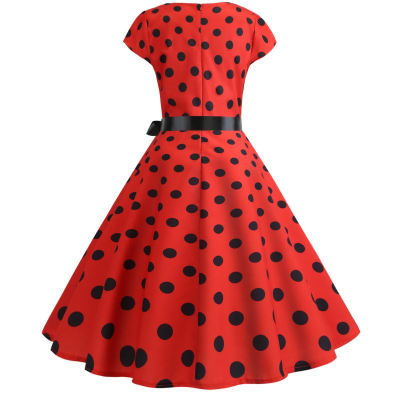 Damen Retro Swingkleid mit großen Punkten und schmalem Taillengürtel Drune