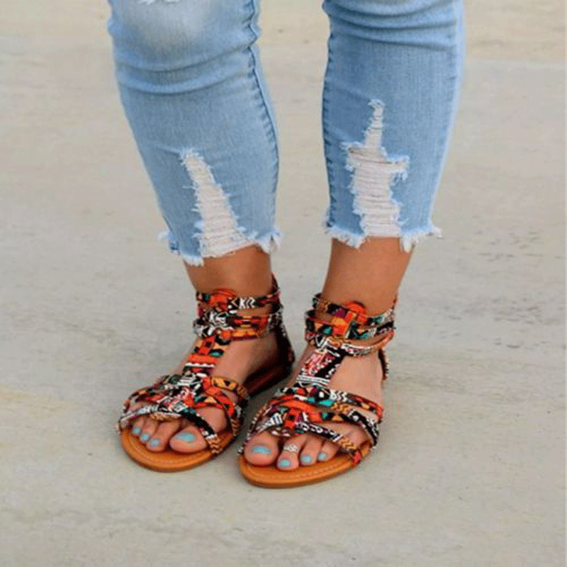 Damen modische Flecht-Sandalen mit bunten Riemen und komfortablem Fußbett Drune