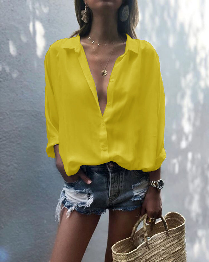 Damen lässige Chiffonbluse mit tiefem V-Ausschnitt und lockerer Passform Drune