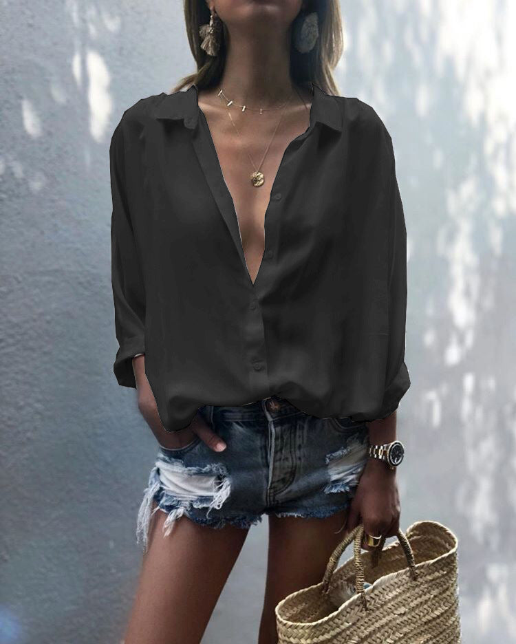 Damen lässige Chiffonbluse mit tiefem V-Ausschnitt und lockerer Passform Drune