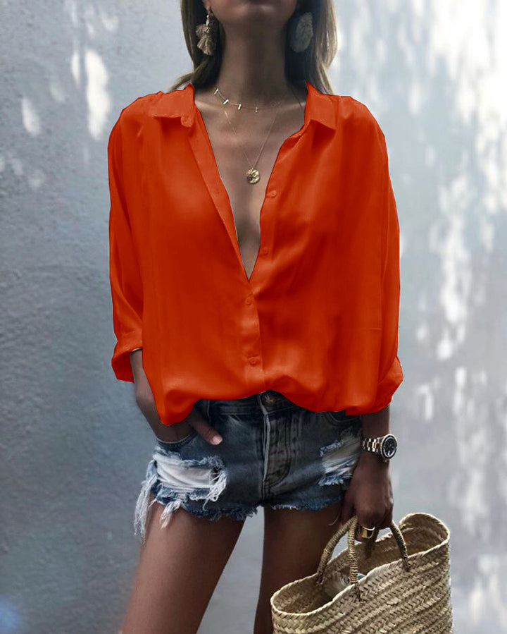 Damen lässige Chiffonbluse mit tiefem V-Ausschnitt und lockerer Passform Drune