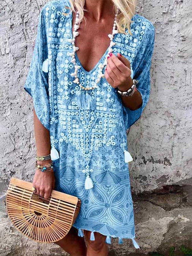 Damen Boho-Chic Kaftan mit V-Ausschnitt und Tassel-Details Drune