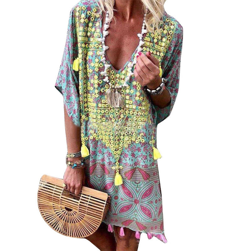 Damen Boho-Chic Kaftan mit V-Ausschnitt und Tassel-Details Drune